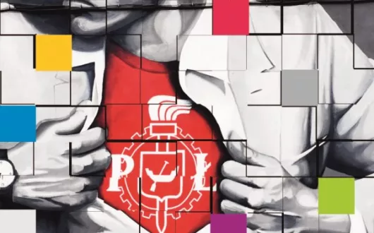 Mural przedstawiający studenta z logo Politechniki Łódzkiej na piersi