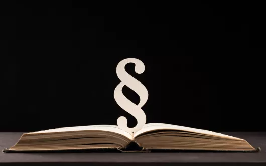 Znak paragrafu nad otwartą księgą na ciemnym tle