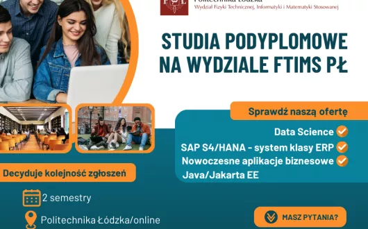 Grafika informacyjna przedstawiająca cztery osoby przed laptopem, dwa kadry z uczelni i zawarte w tekście informacje na temat rekrutacji.