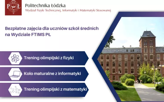 Grafika informacyjna z treściami zawartymi w tekście, logotypem Wydziału i fragmentem politechnicznego, ceglanego budynku.