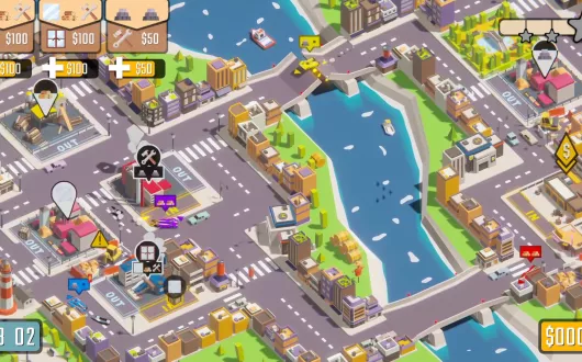 Zrzut ekranu z gry zawierający widok miasta z ulicami, budynkami i fragmentem rzeki.