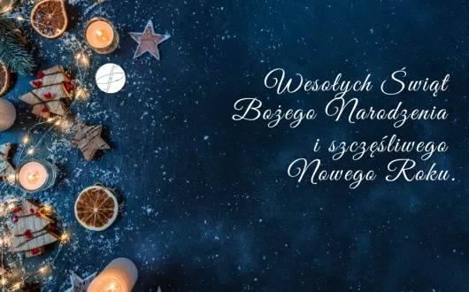 Świąteczna grafika ilustracyjna z krótkimi życzeniami na granatowym tle.