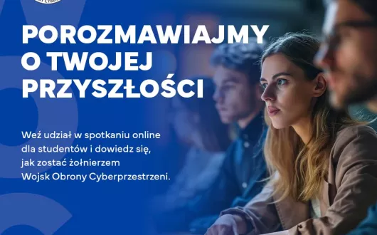 Grafika ilustracyjna w kolorze niebieskim ze studentami siedzącymi przy komputerach. 