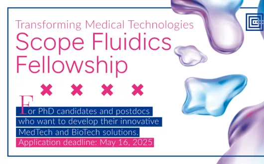 Grafika programu Scope Fluidics Fellowshipw w odcieniach czerwieni i granatu, z elementami symbolizującymi innowacyjność i dynamiczny rozwój