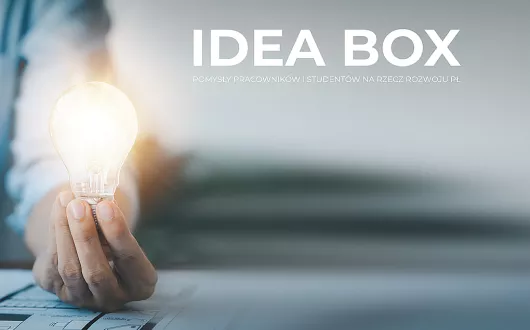 Grafika promująca projekt IDEA BOX: dłoń trzymająca zapaloną żarówkę oraz nazwa projektu: białe drukowane litery na szarym tle