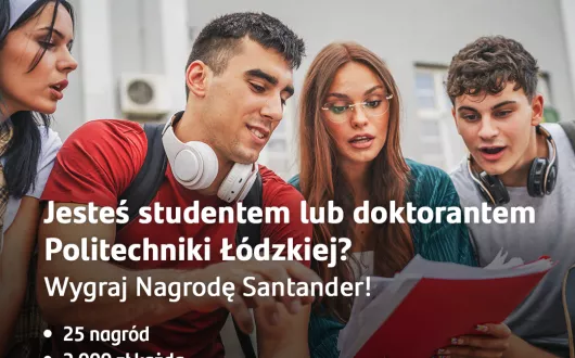 Plakat stypendia Santande: grupa młodych osób z zainteresowaniem przegląda drukowane materiały informacyjne dotyczące stypendiów Santander – atmosfera skupienia i zaangażowania.