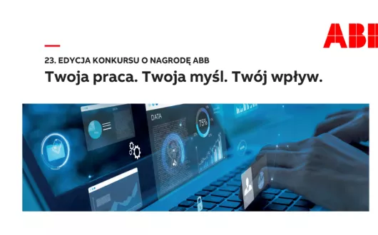 23. edycja konkursu o nagrodę ABB. Twoja praca. Twoja myśl. Twój wpływ. Facet piszący na laptopie i niebieskie hologramy.