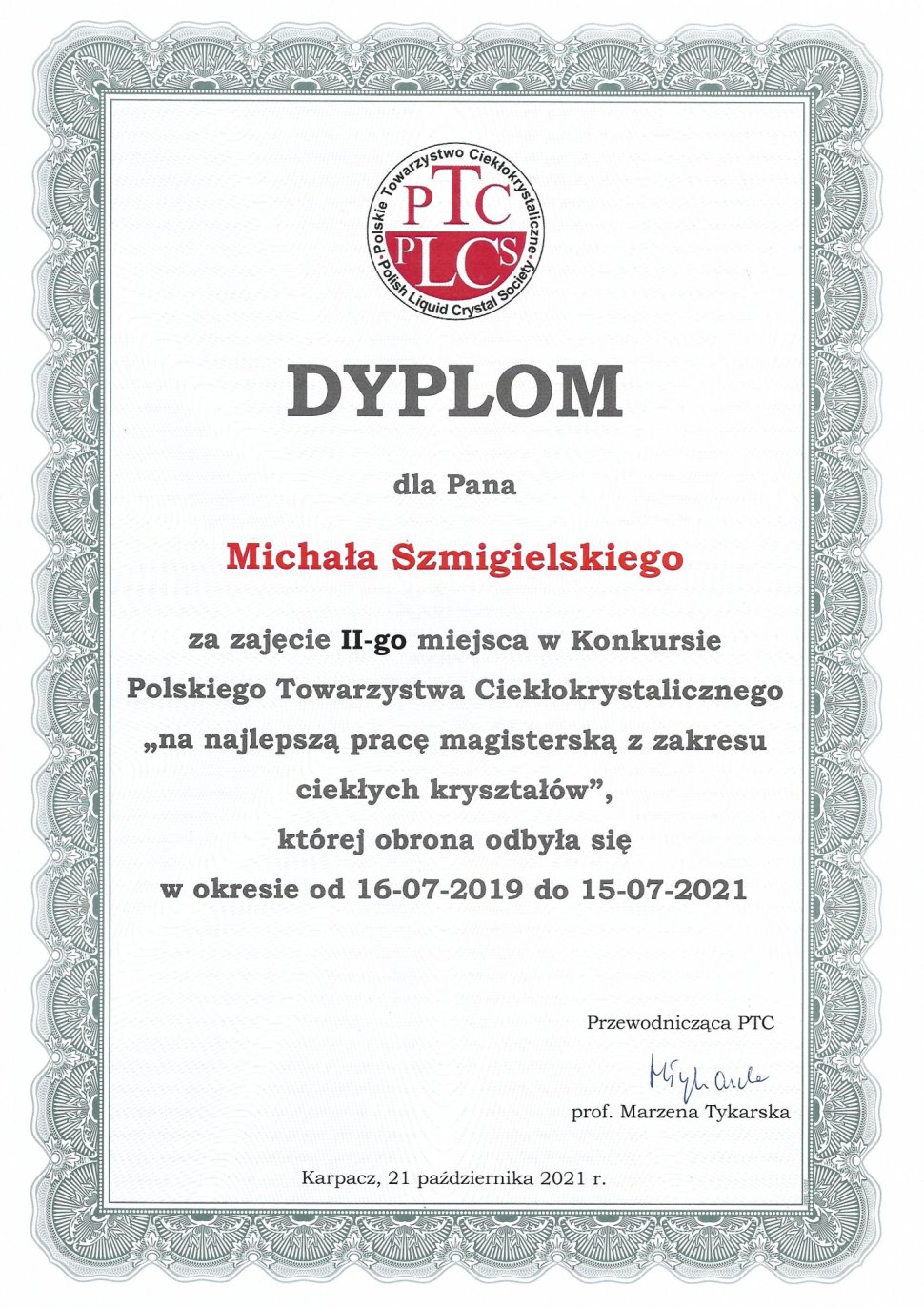Dyplom dla Pana Michała Szmigielskiego