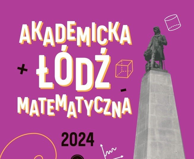 Biały napis Akademicka Łódź Matematyczna na fioletowym tle, a obok pomnik Tadeusza Kościuszki.