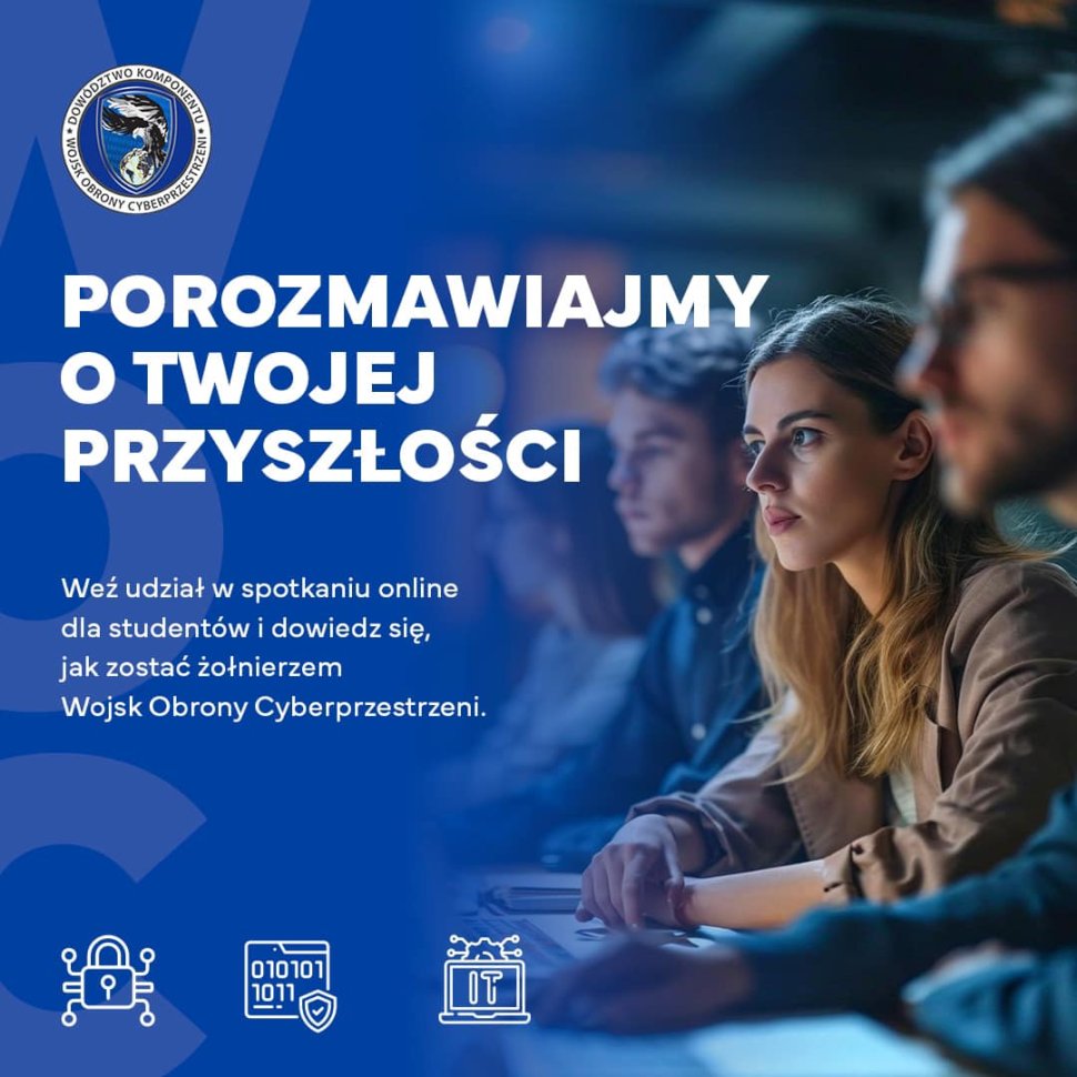 Grafika ilustracyjna w kolorze niebieskim ze studentami siedzącymi przy komputerach. 