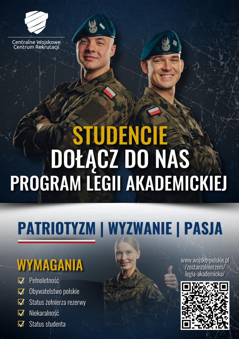 Plakat informacyjny Legii Akademickiej z żołnierzami i informacjami zawartymi w tekście.