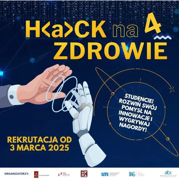 Grafika ilustracyjna w niebieskich kolorach do hackathonu hack na zdrowie.