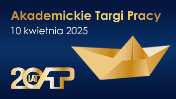 Baner promujący 20-lecie Akademickich Targów Pracy - złote litery na granatowym tle