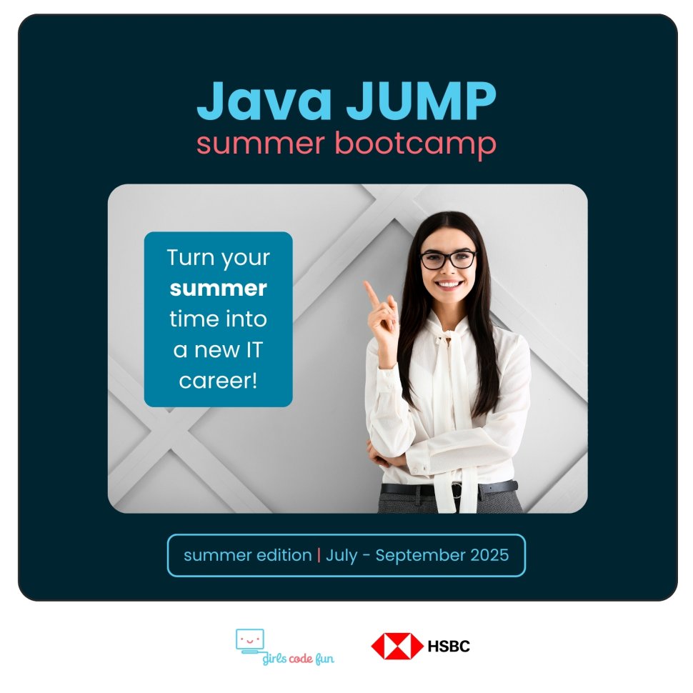 Grafika prezentująca uśmiechniętą studentkę w białej eleganckiej koszuli, obok informacja z hasłem promującym projekt Java JUMP