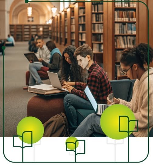Grafika promująca projekt GreenEDU - grupa młodych ludzi w bibliotece