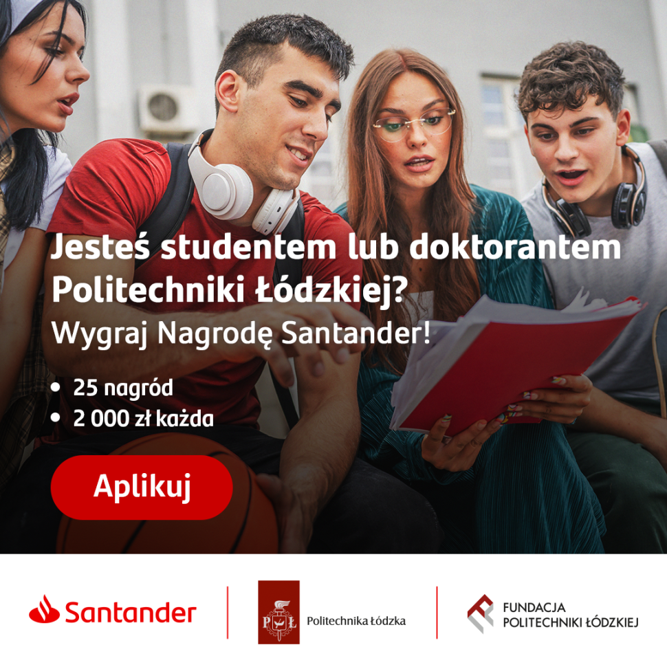 Plakat stypendia Santander: grupa młodych osób z zainteresowaniem przegląda drukowane materiały informacyjne dotyczące stypendiów Santander – atmosfera skupienia i zaangażowania.