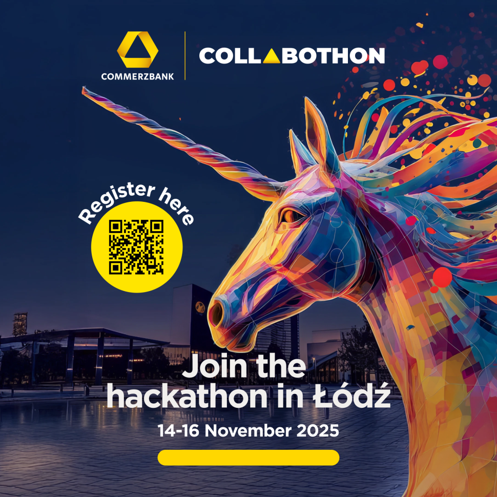 Grafika promująca wydarzenie Collabothon 2025. Granatowe tło, centralnie umieszczony kolorowy jednorożec symbolizujący kreatywność i innowację. Po lewej stronie widoczny kod QR prowadzący do strony rejestracyjnej.