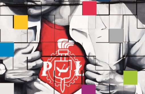 Mural przedstawiający studenta z logo Politechniki Łódzkiej na piersi