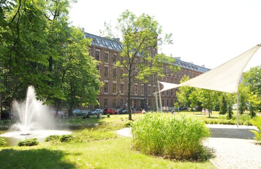 Instytut Matematyki: staw, fontanna, w tle budynek z czerwonej cegły