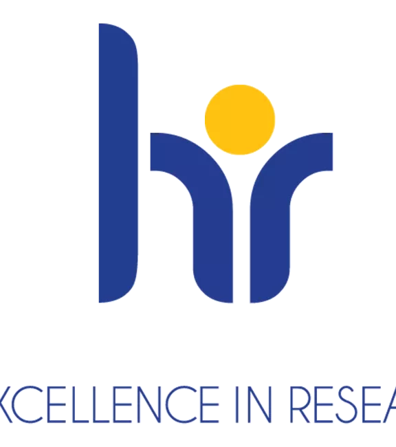 Logotyp z dużym granatowym napisem hr i żółtą kropką oraz mniejszym grantowym napisem HR Excellence in research.